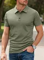 Close-up detail of army green textured knit men's polo shirt with button collar - S / Army Green