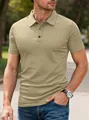 Detail view of men's ice-feel stretch polo shirt featuring textured fabric and lapel - S / Khaki