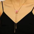 Detail view of sweet pink flower enamel necklace with adjustable gold slide chain - Enamel Flower Style (4654) / Pink