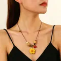 Sweet ocean style yellow flower necklace with adjustable brown cord for women - Beaded Flower Style (8140) / Yellow