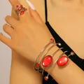Vintage bohemian silver-tone wrap bracelet and ring set with large faceted red stones - Bracelet and Ring Set (09) / Silver