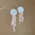 Gros plan sur des boucles d'oreilles bohèmes en pierre rose avec disque en nacre blanc - 3# Épingle d'Argent - Rose