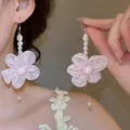 Boucles d'oreilles fleurs en tissu rose bohème avec perles élégantes et aiguille - Style de Fleur en Gaze à Perles (33#) / Rose
