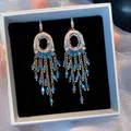 Boucles d'oreilles pendantes de luxe style palais vintage avec cristaux bleus - 1# Style Gland Éventail / Style tige en argent 925 / Or-Multicolore