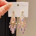 Boucles d'oreilles vintage style palais avec cristaux roses en acier inoxydable 316L - 7# Style Gland Multicouche Éventail