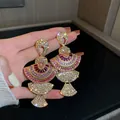 Boucles d'oreilles pendantes vintage en forme d'éventail avec cristaux roses - 25# Strass Rose Gland Éventail Luxe