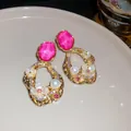 Clips d'oreilles dorés avec pierres roses, perles et fleurs blanches délicates fleurs - 28# Clip Fleur Perle Rose Rouge