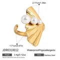 Anello a foglia di ginkgo in acciaio inossidabile con perle, impermeabile e anallergico - Stile Aperto con Perla e Foglia di Ginkgo (JDR0310012)