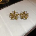 Close-up of sparkly zircon flower stud earrings with yellow marquise stones in box - 15# Silver Post - Exquisite Marquise Stone Flower Stud / Gold-Yellow