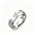 Close-up of silver stainless steel ring with brushed finish and inlaid clear zirconia stones - Size 6 / Stepped Engraved 11-Diamond Style / 8mm / Silver