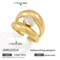 Close-up detail of a gold plated stainless steel ring with oval zircon and dimensions - Double Ring Crossover Ring (JDR0103314)