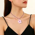 Elegant purple beaded necklace with a delicate pink cherry blossom flower pendant for women - Purple Cherry Blossom Style (3685) / Purple