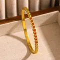 Vintage gold stainless steel bangle with heart links and red crystals, bohemian style - Red Rhinestone Heart (03 Gold) / Gold