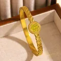 Vintage bohemian gold plated stainless steel bangle with green crystals centerpiece - Wheat Ear Yellow Rhinestone (08 Gold)