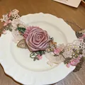 Elegant pink fabric rose lace choker necklace with pearl and leaf accents for women - Pink Rose Style / Pink