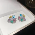 Silver needle colorful gemstone flower stud earrings in white jewelry box - Style 34# / Silver - Rainbow
