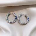 Elegant silver hoop earrings with blue and turquoise crystals on soft silk fabric - 55# Ear Buckle - Silver - Blue