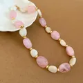 Detail view of vintage necklace featuring pink and white acrylic oval beads with gold accents - Pink Semi-Transparent & Cream Oval Beads Double Layer Style / 37# White-Pink (Double Layer)