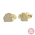 Gold plated S925 sterling silver ram stud earrings with sparkling micro pave stones - Gold Sheep Studs SE401-14K / Gold
