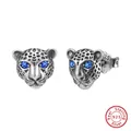 S925 sterling silver leopard head stud earrings featuring sparkling blue stone eyes - Leopard Head Studs(SE406) / Silver