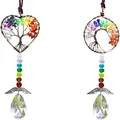 Colorful tree of life crystal sun catcher with natural tumbled stones and teardrop prism. - Bronze Slant Tree / Round / Bronze/Multicolor
