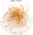 Elegant vintage champagne fascinator hat with mesh veil and floral feather accents - Gold