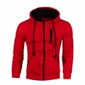 Casual men's red hooded zip-up sweatshirt jacket with chest zipper detail for autumn - Red (With Black)