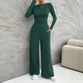 Elegant dark green long-sleeved T-shirt and wide-leg trousers two-piece set for women. - Dark Green