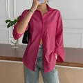 Vibrant pink striped long sleeve button-down shirt for women's casual resort wear - Red