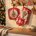Festive Christmas red diamond quilted oven mitt and pot holder set with tree embroidery - Colorful Gift Tree