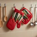Christmas themed heat resistant oven mitt and pot holder set for kitchen cooking - Dark and Light Green Christmas Trees