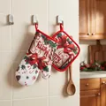 Christmas themed heat resistant oven mitt and pot holder set with red Merry print - Christmas Gift Pattern