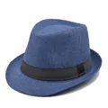 Classic blue straw fedora hat with black band for outdoor beach sun protection - M (56-58cm) / Navy Blue (BS202-2-Adult)