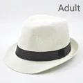 Classic white adult straw fedora hat with black ribbon band for beach sun protection - Creamy White (BS202-7-Adult)