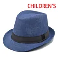 Stylish vintage blue woven straw fedora jazz hat for children with black ribbon band - Navy Blue (BS202-2-Kids)