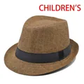 Classic retro style brown straw fedora hat for children featuring a sleek black band - Coffee (BS202-3-Kids)