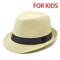 Stylish beige woven straw jazz fedora sun hat for children with a black ribbon band - Beige Yellow (BS202-5-Kids)
