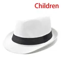 Classic white straw fedora hat for kids with a black band for sunshade and beach - White (BS202-8-Kids)