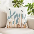 Elegant white square cushion cover with blue floral embroidery and butterflies detail - Plush Grass Orchid (Cover Only)
