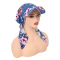 Floral pattern headscarf turban hat with curved brim and adjustable tie back closure - Lake Blue