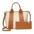 Elegant brown leather and woven fabric handbag set with matching zippered pouch - Brown