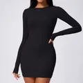 Elegant bodycon long sleeve black mini dress with crew neck for casual or fitness wear - S / Slim Long Sleeve Mini Dress / Premium Black