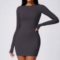 Vestido de yoga ajustado de manga larga para mujer en gris oscuro para fitness y gimnasio - Ceniza Volcánica Clt8688 / S