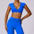 Ensemble de yoga bleu électrique à séchage rapide avec brassière V et legging haut - L / Haut Et Bas / Bleu Klein