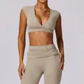Ensemble de yoga kaki deux pièces avec brassière sport col V et legging taille haute - L / Haut Et Bas / Lin