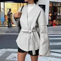 Veste élégante gris clair à manches longues avec ceinture et design croisé chic - XS / Abricot