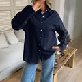Casual navy blue solid color long-sleeved shirt for women with button-up front design - Navy Blue