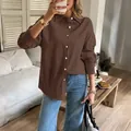 Elegant women's coffee brown solid color long-sleeved button-down casual shirt blouse - Rust Brown