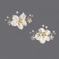 Pair of handmade white fabric bridal shoe clips with elegant pearls and crystal rhinestones - Gold Mesh Floral Style (SC-J060) / Gold
