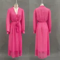 Detailed front and back views of a flowy rose red V-neck chiffon maxi dress on a mannequin - S / Rose Red